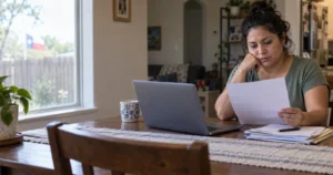 Mujer revisa una carta junto a una computadora y documentos en su casa