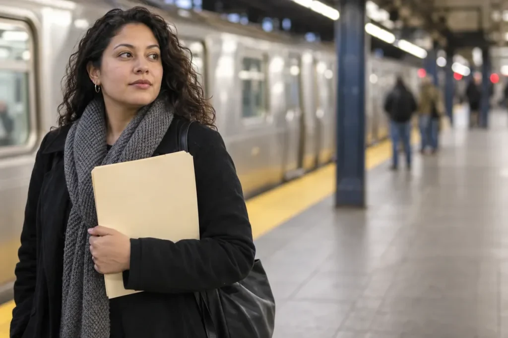 Mujer con una carpeta en un andén del metro de Nueva York