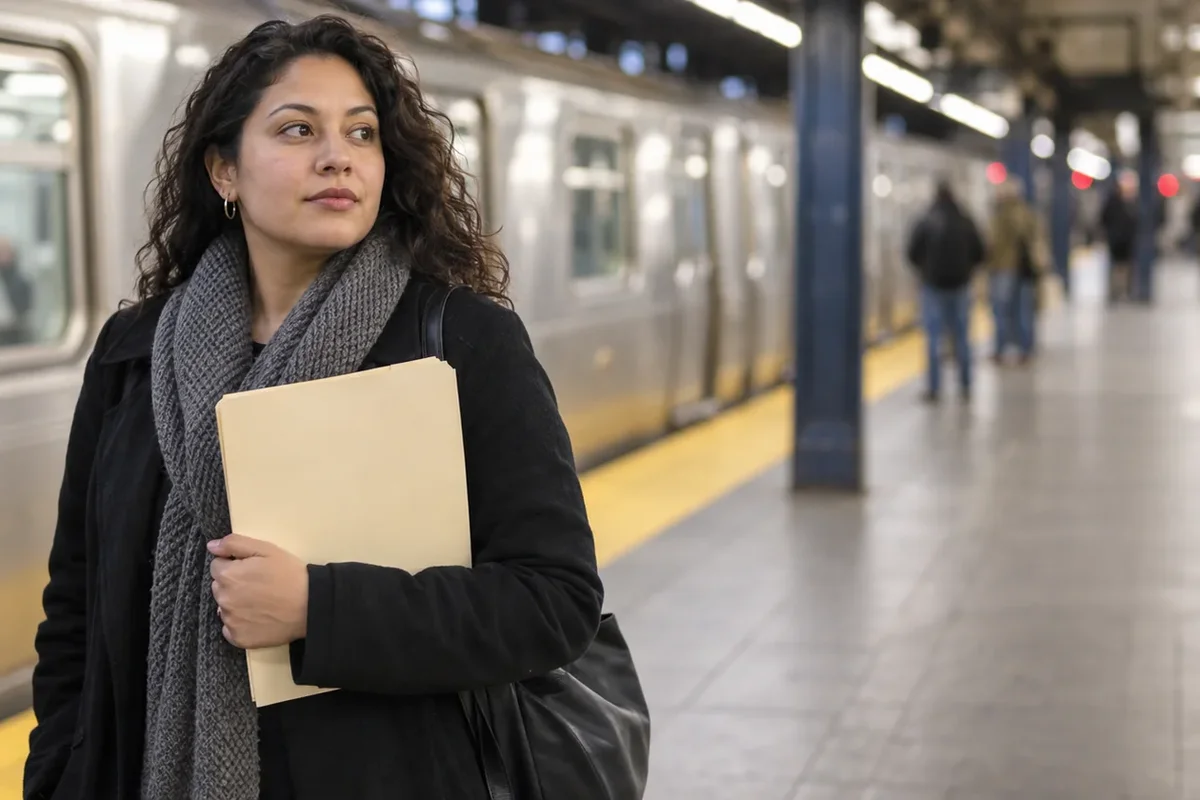 Mujer con una carpeta en un andén del metro de Nueva York